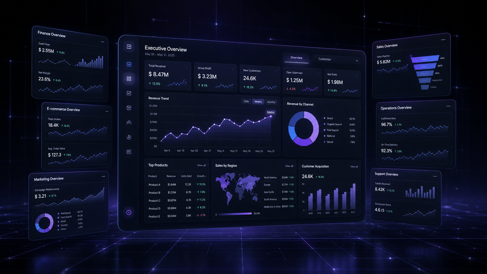 A premium executive dashboard system with layered KPI panels and charts
